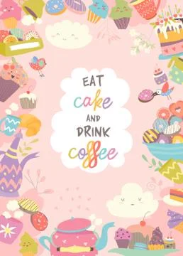 Cute frame composed of cup, cake and coffee Stock Illustration