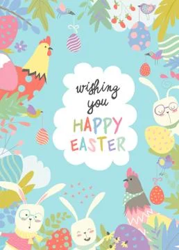 Cute frame composed of Easter bunnies and easter egg Stock Illustration