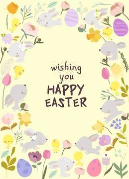 Cute Frame composed of Easter Bunnies, Flowers and Easter Eggs Stock Illustration