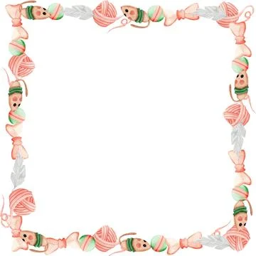 A cute frame featuring a ball of yarn, a mouse, a feather, and a play ball... Stock Illustration