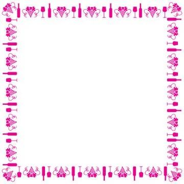 Cute frame made of colored bunch of grapes, bottle of wine, wine glass Stock Illustration