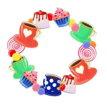 Cute frame made of tea cups and sweets including panna cotta and sweets. Stock Illustration