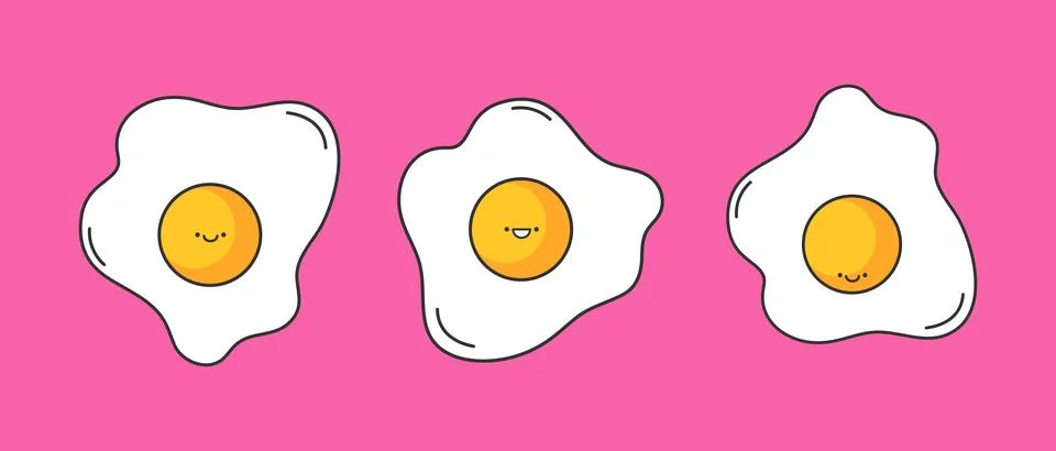 Cute fried egg characters line icons set. Funny cartoon eggs. Healthy food Stock Illustration