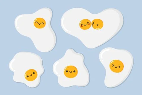 Cute fried egg characters set. Happy cartoon eggs in childish style Stock Illustration