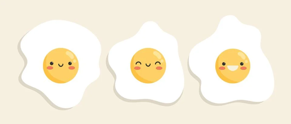Cute fried egg characters set in flat style. Happy cartoon eggs. Healthy food Stock Illustration