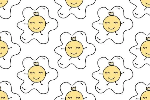 Cute fried egg seamless pattern in doodle style. Hand drawn lines cartoon scr Stock Illustration