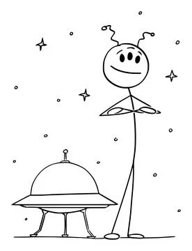 Cute Friendly Alien Standing in Front of UFO Spaceship, Vector Cartoon Stick Stock Illustration