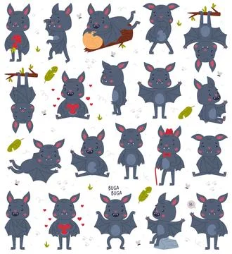 Cute friendly bat characters in different poses set. Happy Halloween symbols Stock Illustration