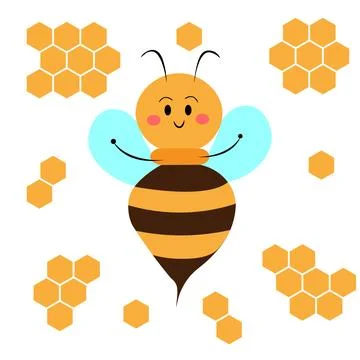 Cute friendly bee. Happy flying bee and honeycomb on white background vector Stock Illustration