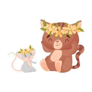 Cute friendly cat and mouse with wreaths on his head. Vector illustration on Stock Illustration