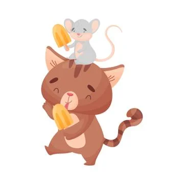 Cute friendly cat and mouse eat ice cream. Vector illustration on white Stock Illustration