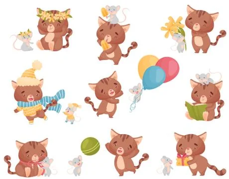 Cute friendly cat and mouse in different situations. Vector illustration on Stock Illustration