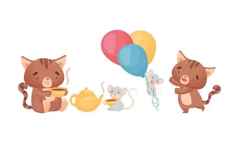 Cute Friendly Cat and Mouse Drinking Hot Tea and Playing with Balloons Vector Stock Illustration