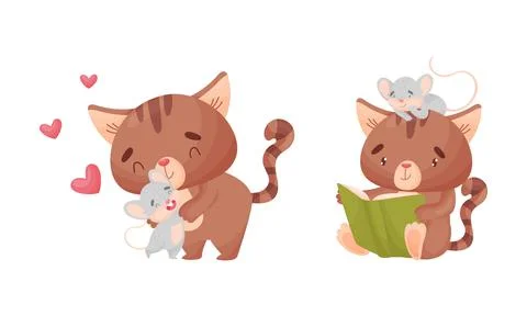 Cute Friendly Cat and Mouse Reading Book and Embracing Vector Set Illustrazione stock
