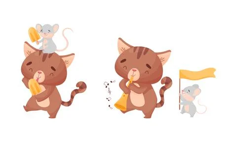 Cute Friendly Cat and Mouse Eating Ice Cream and Playing Trumpet Vector Set Illustrazione stock