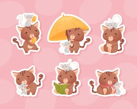 Cute Friendly Cat and Mouse Together Vector Sticker Set Illustrazione stock