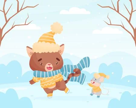 Cute Friendly Cat and Mouse Ice Skating Together Vector Illustration Stock Illustration