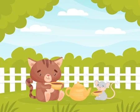 Cute Friendly Cat and Mouse Sitting on Green Lawn Drink Tea Together Vector Illustrazione stock