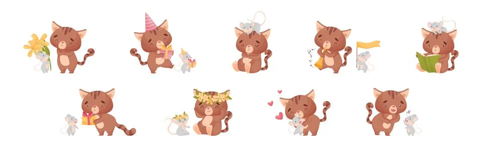 Cute Friendly Cat and Mouse Engaged in Different Activity Vector Set Stock Illustration
