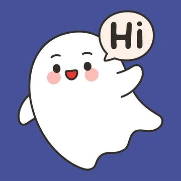 Cute Friendly Ghost HI Emote Vector Waving Hand on Blue Background Stock Illustration
