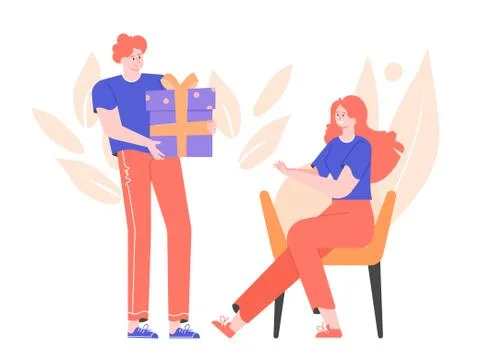 Cute friendly guy gives a big gift box イラスト素材