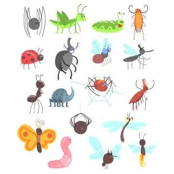 Cute Friendly Insects Set With Cartoon Bugs, Beetles, Flies, Spiders And Other Stock Illustration