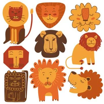 Cute Friendly Lions Set, Stylized Design Elements Can Be Used for T-shirt Print Stock Illustration