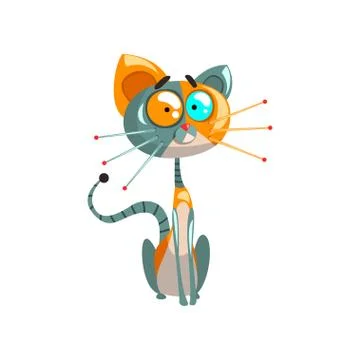 Cute friendly robotic cat sitting on the floor, artificial intelligence concept Stock Illustration