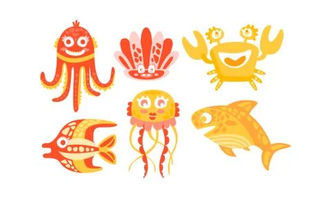 Cute Friendly Sea Creatures Vector Set. Underwater Life for Kid Illustrated Book Stock Illustration