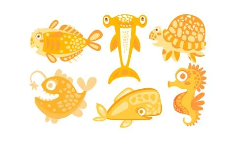 Cute Friendly Sea Creatures Vector Set. Underwater Life for Kid Illustrated Book Stock Illustration