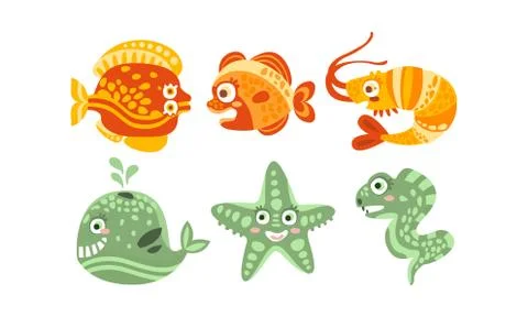Cute Friendly Sea Creatures Vector Set. Underwater Life for Kid Illustrated Book Stock Illustration