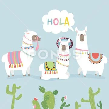 Cute friends mexican white alpaca llamas with cactuses Stock Illustration