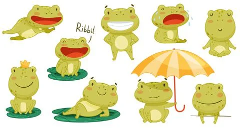 Cute frog activities set. Green funny amphibian toad character smiling, jumping Stock Illustration