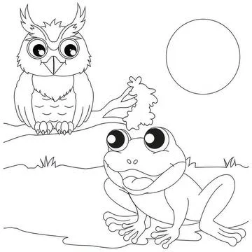 Cute frog and owl sitting on a branch under the moon Stock Illustration
