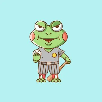Cute frog Baseball player animal kawaii chibi character mascot illustration Stock Illustration
