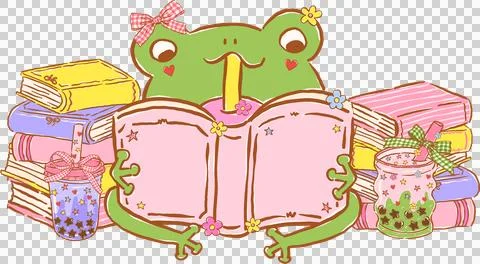 Cute Frog Bookish Reading a Book with Boba Tea Whimsical Hand Drawn Stock Illustration