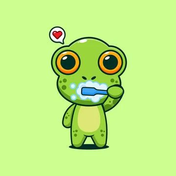 Cute frog brushing teeth cartoon vector illustration Stock Illustration