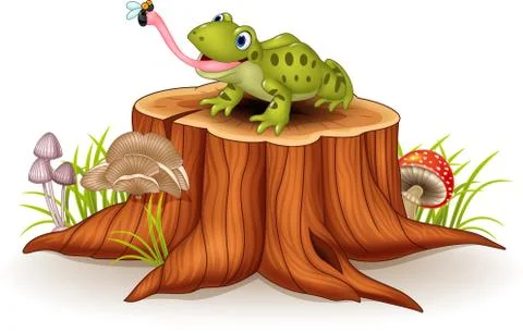 Cute frog catching fly on tree stump Stock Illustration