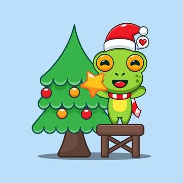 Cute frog decorating the Christmas tree on Christmas day Stock Illustration