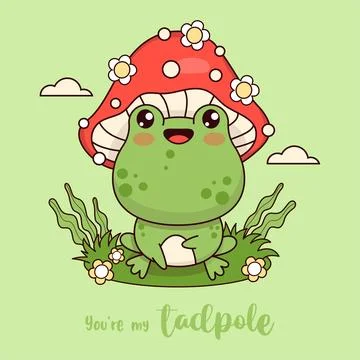 Cute frog fly agaric. Funny cartoon animal kawaii character. Vector illustr.. イラスト素材