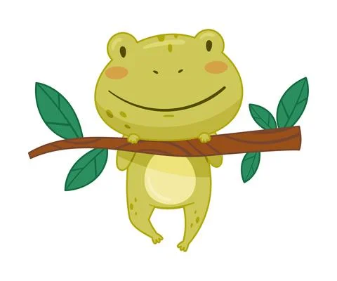 Cute frog hanging on tree branch. Green funny amphibian toad character cartoon Stock Illustration