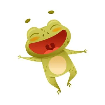 Cute frog having fun. Green funny toad character jumping on its hind legs Stock Illustration