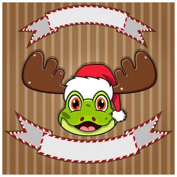 Cute Frog Head With Christmas Hat. Blank label and banner. Character, Masco.. Stock Illustration