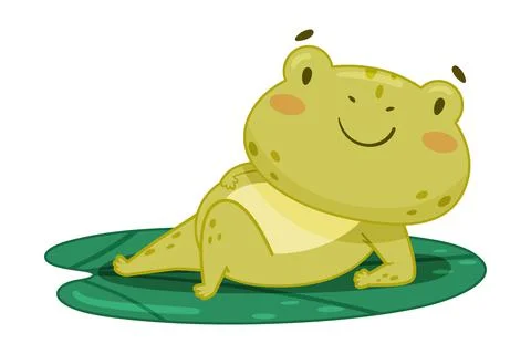 Cute frog lying on lotus leaf in pond. Green funny amphibian toad character Stock Illustration