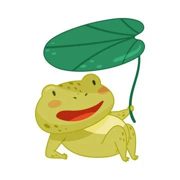 Cute frog lying under lotus leaf. Green funny amphibian toad character cartoon 스톡 일러스트