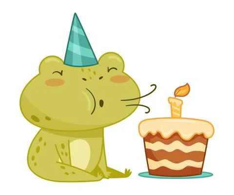 Cute frog in party hat blowing candle on birthday cake. Green funny amphibian 스톡 일러스트