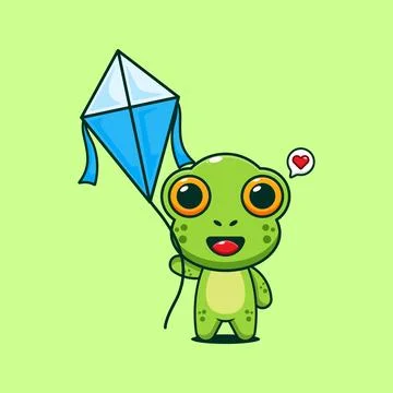 Cute frog playing kite cartoon vector illustration Stock Illustration