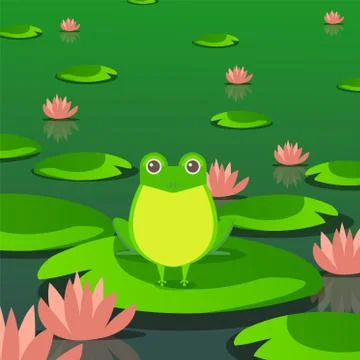 Cute frog in pond, sitting on leaf of water lily, vector illustration 스톡 일러스트