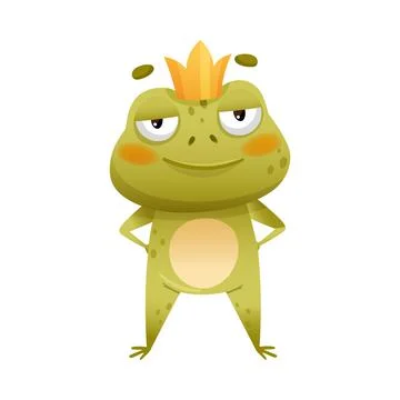 Cute frog prince. Green toad character in golden crown standing on its hind legs Stock Illustration