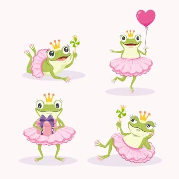 Cute frog princess ballerina vector characters set in pink tutus and crowns. Stock Illustration